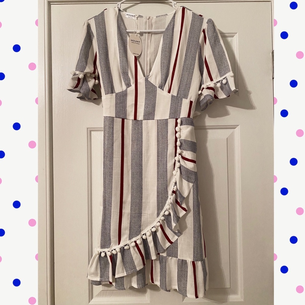 NWT Hount Striped Pom Pom Faux Wrap Dress